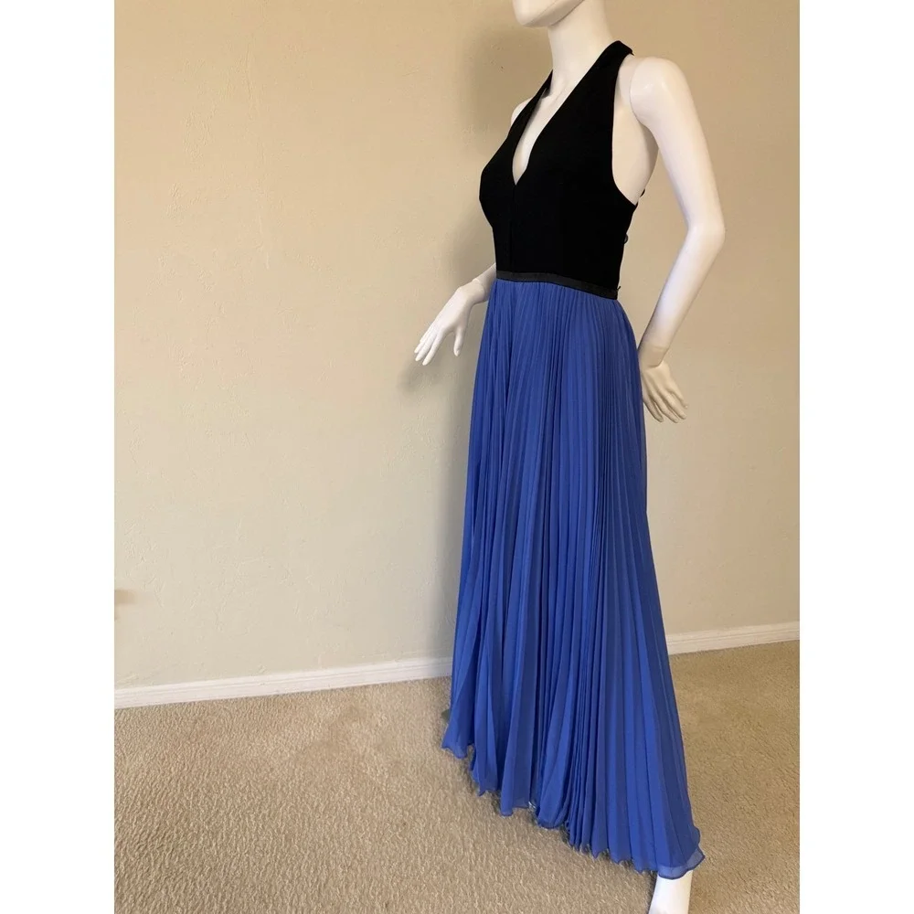 Halston Heritage Periwinkle Black Pleated Halter Maxi Gown Dress Size 12 New - Picture 10 of 17
